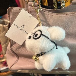 Valentina Plushy White Bichon Frisé Bag Charm on Gold Keychain
